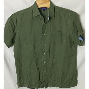 Alan Flusser Shirt Army Green Short Sleeve 100% Linen Blue Flip Cuffs Size Large